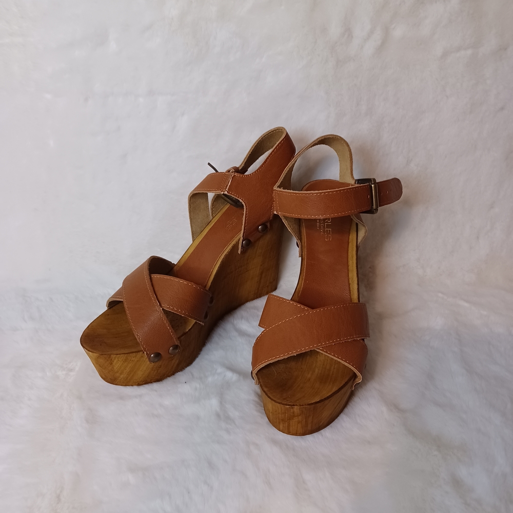 Charles David Wood And Leather Brown Wedge Sandals